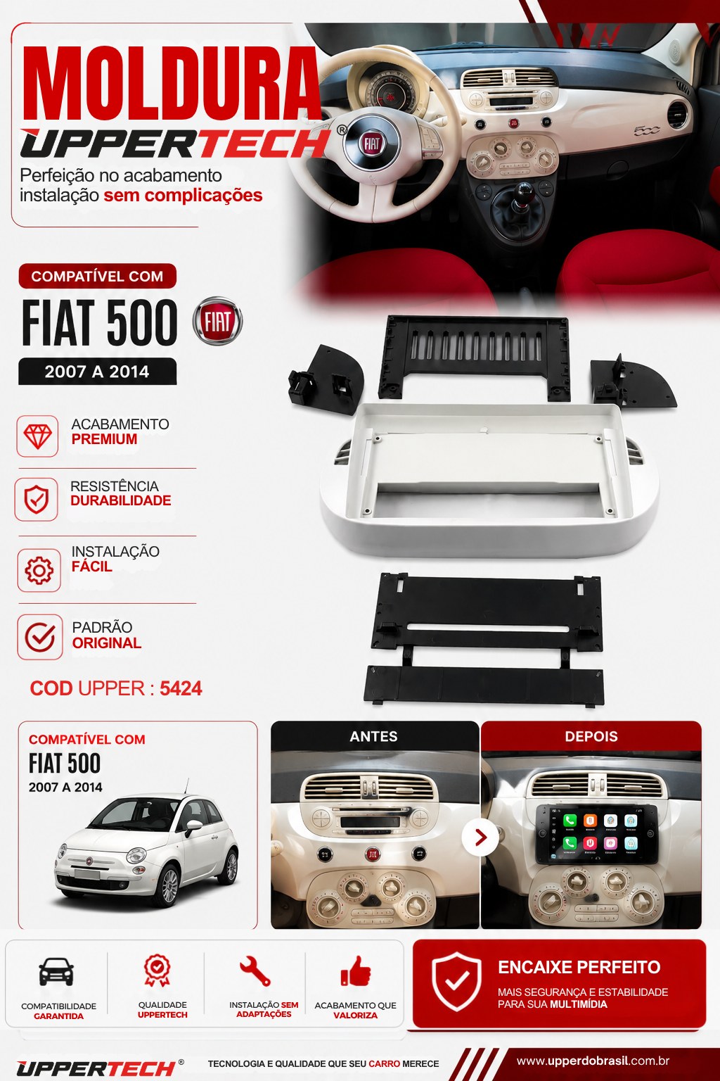 Flyer 5424 — Moldura Fiat 500 2007 a 2014 Preto Fosco