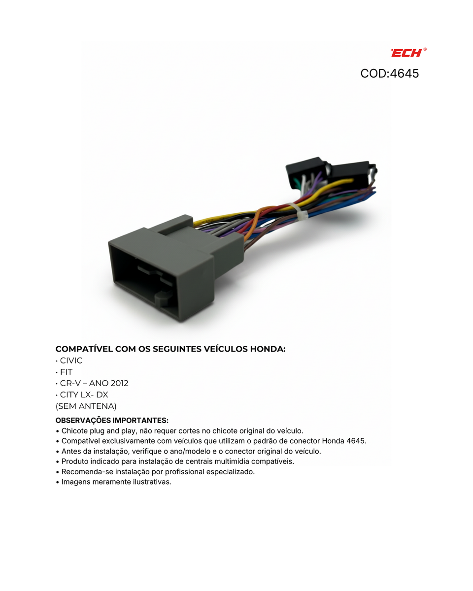 Chicote ISO · Honda — Civic, City, Fit (2012–2025) (Sem Antena) - miniatura 4